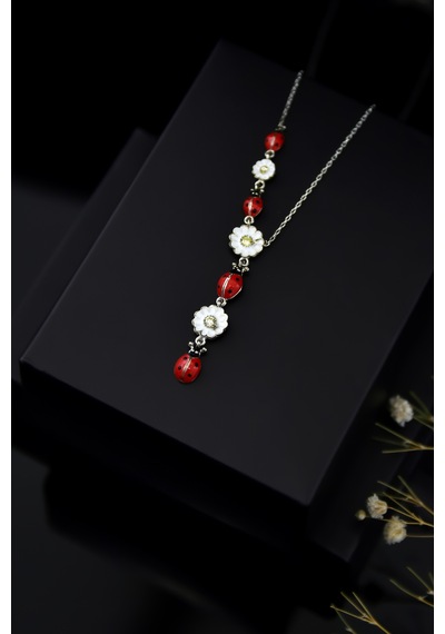 925 Ayar Gümüş Rodyum Kaplama Akışlı Uğur Böceği ve Papatya Kadın Kolye UVPTS100051