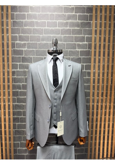 Dupont Classics Erkek Slim Fit 6 Drop Sivri Yaka Yelekli Poliviskon Çift Yırtmaç Takım Elbise Açık Gri