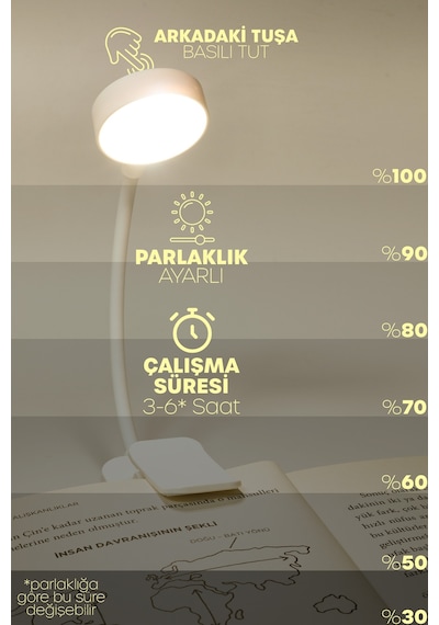 Şarjlı Ayarlı Klipsli Mini Kitap Okuma Lambası Mandallı Işık Masa Lambası Kitap Okuma Işığı Av3310 Beyaz