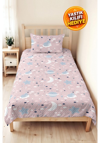 Evimde Bambaşka Pembe Uzay Yıldız Kız Çocuk Pike Takımı - Ay Bulut Mavi Bebek Odası Yazlık Yatak Örtüsü - 160x220  CM