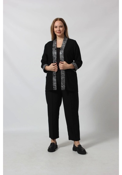 Moda Berray Parlak Detaylı Garnili Büyük Beden Blazer Ceket Siyah