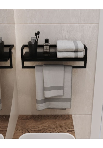 Aju Havluluk Siyah Duvara Monte Raf Aksesuarlık Şal Askılığı Banyo Mutfak Düzenleyici Çok Amaçlı Raf Siyah