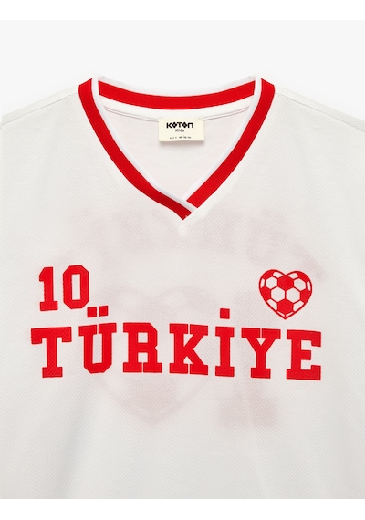 Koton Futbol Temalı V Yaka Kısa Kollu Tişört Beyaz 7wkg10350ak