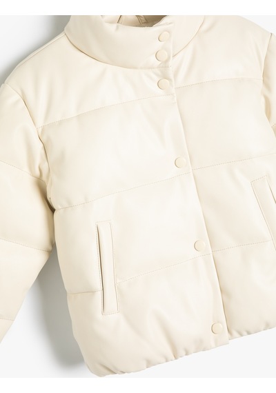 Koton Oversize Şişme Mont Deri Görünümlü Dik Yaka Su Geçirmez Ekru 5wkg20035aw Ekru