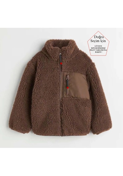 Smalltouch Unisex Çocuk Yumuşak Dokulu Astarlı Fermuarlı Cepli Peluş Hırka Kahverengi