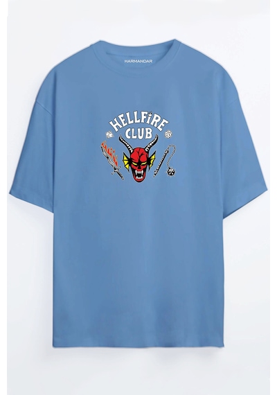 Hellfire Club Baskılı Unisex Siyah - Turuncu - Bej Oversize T-shirt Mavi