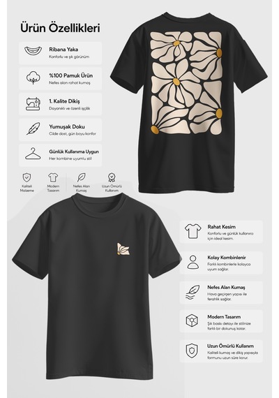 Spoyi Yaz Çiçeği Tasarımlı %100 Pamuk Yarım Oversize Siyah T-shirt