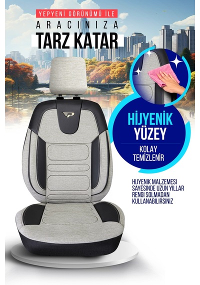 Bej - Siyah Panda Atlanta Serisi Keten Kumaş Oto Koltuk Kılıfı - Tam Set