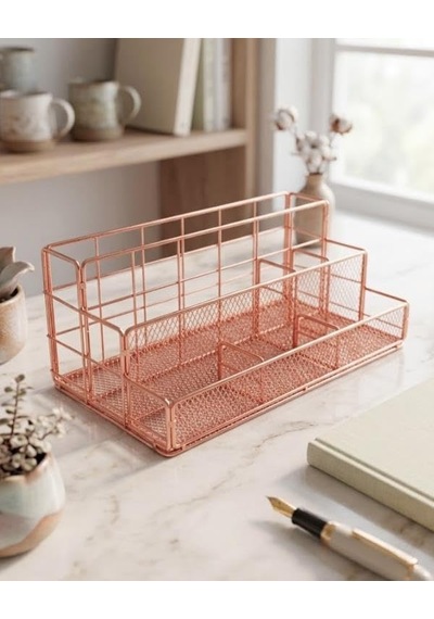 Rose Gold Metal Mesh Masaüstü Organizer Çok Bölmeli 27x14x11 Cm Genel