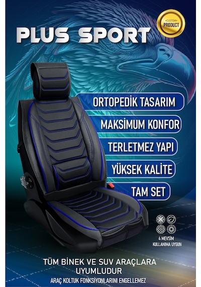 Volkswagen Passat B5 Uyumlu Lüx Deri Oto Koltuk Kılıfı Ön Arka Set Siyah Mavi Sport Serisi Fs