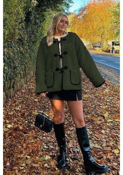 Madmext Haki Düğmeli Peluş Kadın Mont Mg2531 Haki