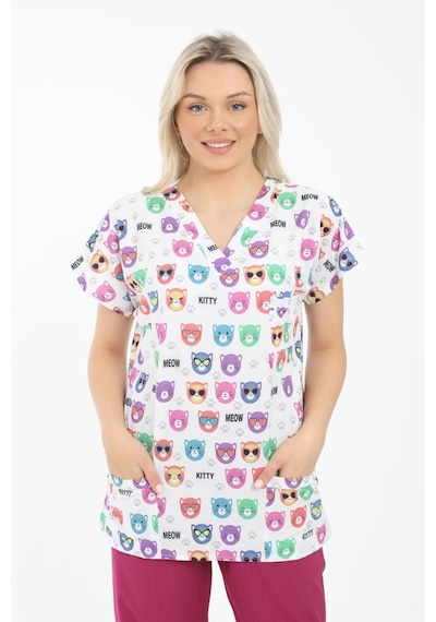 Likralı Cerrahi, Doktor, Hemşire, Veteriner, Dişçi, Desenli, Renkli Forma Tek Üst Scrubs
