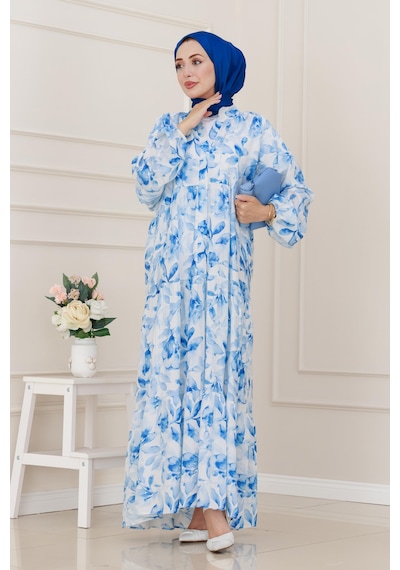 Sevitli Kuşaklı Çiçekli Lina Elbise-mavi-5260 Mavi