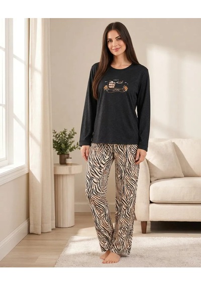 Kadın Kadife Siyah Desenli Alt Üst Pijama Takımı Siyah Kahve