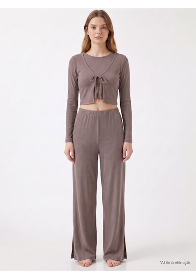 Cottonill Premium - Serene Collection Vizon Rib Dokulu Önden Bağlamalı Viskon 3'lü Kadın Pijama Takımı