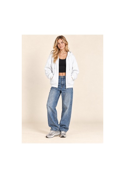 Cool Tarz Unisex Oversize Fermuarlı Kapüşonlu Sweatshirt 3 İplik Şardonlu Beyaz Beyaz