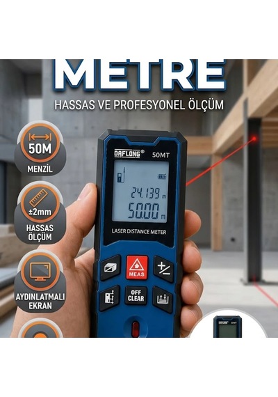 Profesyonel 50 Metre Lazer Mesafe Ölçer Dijital Ekranlı Hassas Ölçüm Cihazı