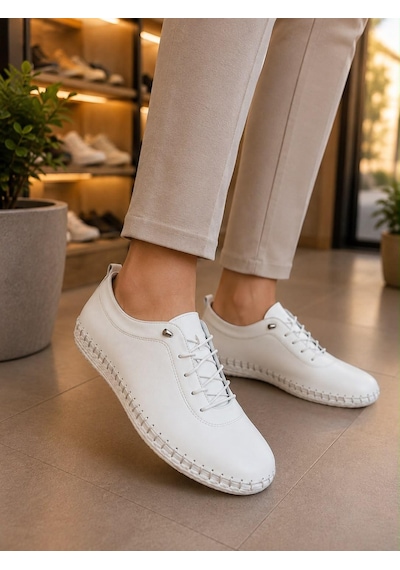 Beren Hakiki Deri Beyaz Kadın Ayakkabı Ortopedik Taban Düz Esnek Bağcıklı Comfort Casual Günlük Sneaker