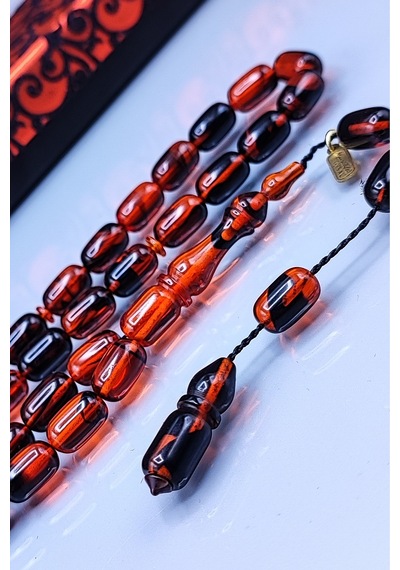 7 x 11 MM Kapsül Mustafa Uysal İmzalı Turuncu Siyah Ateşi Kehribar Tesbih