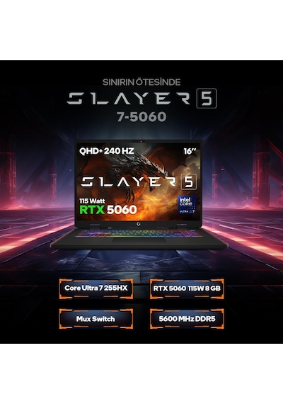 Game Garaj Slayer5 7-5060 C1 U7-255HX 32 GB 1 TB RTX5060 16" Free Dos Dizüstü Bilgisayar