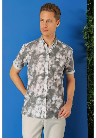 Efor Slim Fit Düğmeli Yaka Batik Desenli Kısa Kol Pamuk Gri Gömlek G 1502 Gri