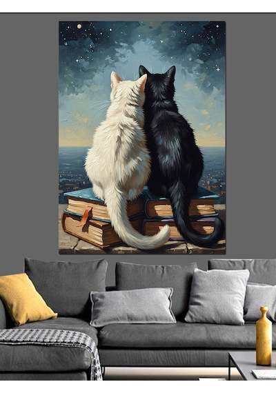 Ahşap Tablo Kitaplar Üzerinde Oturan İki Kedi
