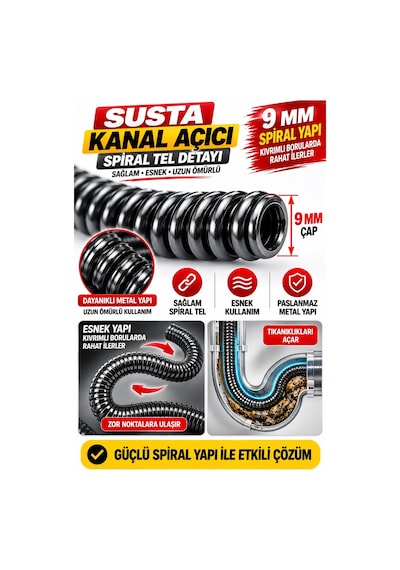 9 Mm 20 Metre Susta Kanal Açıcı Spiral Manuel Gider Açma Teli, Lavabo Mutfak Banyo Tıkanıklık Aç