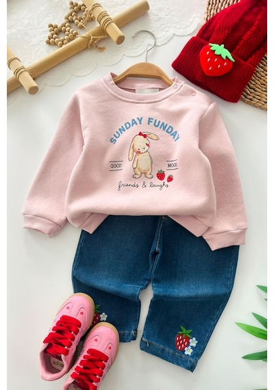 Minigimin Cicileri Tavşan Baskılı Çilek İşleme Kız Bebek Kışlık Takım - Pembe