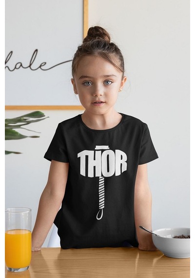Sevbano Thor Çekiç Baskılı Unisex Avengers Çocuk Tişört 1-12 Yaş SIYAH