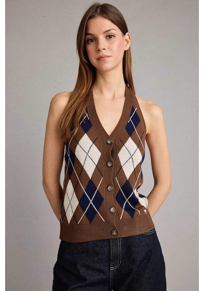 Defacto Slim Fit Dar Kesim Halter Yaka Baklava Desenli Yelek G7503ax25wnbn214 Kahve-bn214
