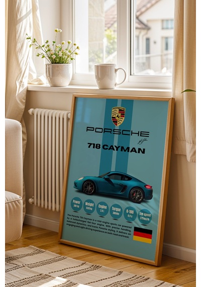 Porsche 718 Cayman Premium Spor Araba Çerçeveli Tablo - Teknik Özellikli Otomobil Sever Duvar Dekoru Kayın Porsche 718 Cayman Premium Spor Araba Çerçeveli Tablo - Teknik Özellikli Otomobil Sever Duvar Dekoru Kayın