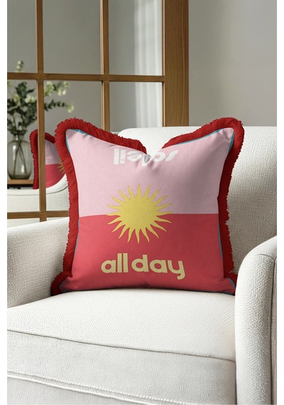 Güneş Motifli All Day Saçaklı Yastık Kılıfı-retro Solar Pembe Kırmızı Bordo Püsküllü Kırlent Kılıfı Derin Sahil Nektar