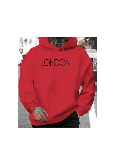 Herkesemoda London Baskılı Kapşonlu Kırmızı Sweatshirt Kırmızı