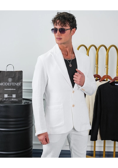 Modefendi %100 Pamuk Keten Modern Fit Örgü Kemer Detaylı Keten Takım Elbise Beyaz