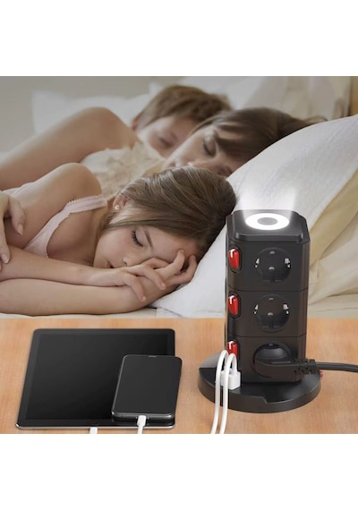 Kule Tipi 12 Li Çoklu Priz 3 Usb Hızlı Şarj Anahtarlı Akım Korumalı Masa Üstü Tower Priz 2 m