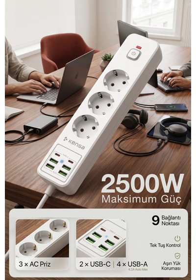 Akım Korumalı Priz 3'lü 4x Usb-a + 2x Usb-c 2 Metre Kablo 0 - 2 M