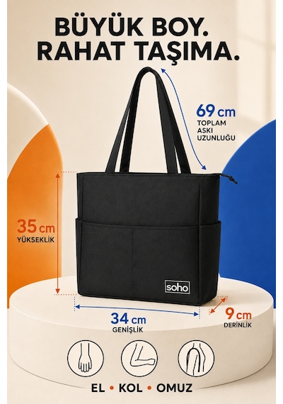 Orijinal Çok Gözlü Geniş İç Hacimli Su Geçirmez & Fermuarlı Yan Cepli Tote Bag Ofis Okul Üniversite Spor İçin Askılı Anne Shopper Günlük Çok Amaçlı El Kol Ve Omuz Çantası Büyük Boy - 35x34x9 Cm Siyah Orijinal Çok Gözlü Geniş İç Hacimli Su Geçirmez & Fermuarlı Yan Cepli Tote Bag Ofis Okul Üniversite Spor İçin Askılı Anne Shopper Günlük Çok Amaçlı El Kol Ve Omuz Çantası Büyük Boy - 35x34x9 Cm Siyah