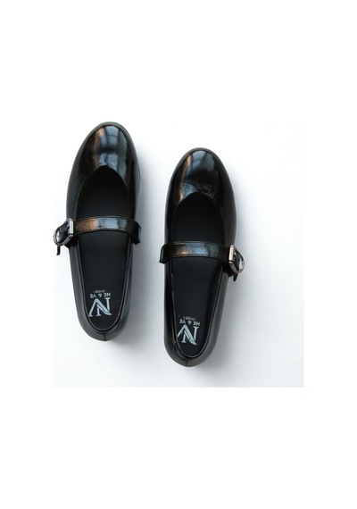Ne&ve Shoes Siyah Kırışık Rugan Hakiki Deri Tek Bantlı Kadın Günlük Babet