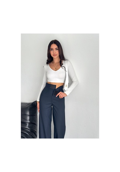 Gugus Kadın Cepsiz Dokuma Kumaş Pantolon Beli Cırtlı Bol Paça Wide Leg Model Lacivert