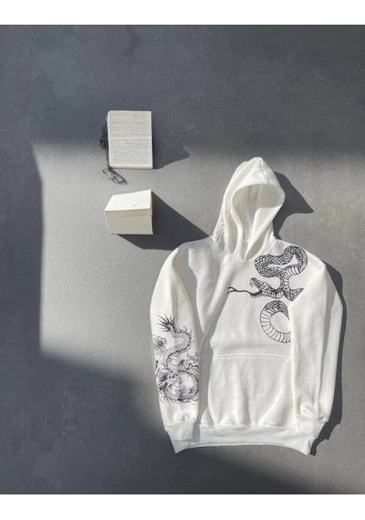 Valensdesign Uzun Kol Kapşonlu Baskılı Sweatshirt - Beyaz