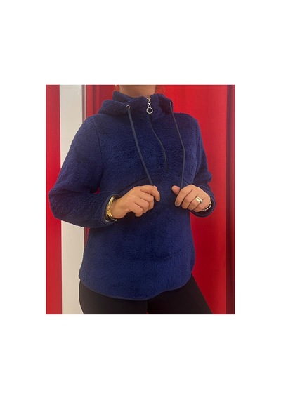 Rouge Basic Kapşonlu Yarım Fermuar Peluş Sweat Lacivert