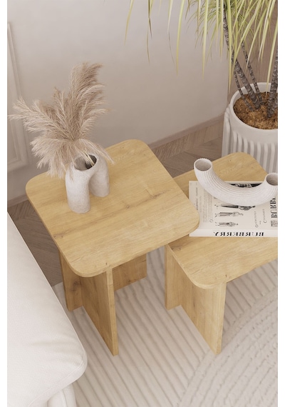 Kare Zigon Sehpa Takımı, 2 Li Set, Yan Sehpa - Safir Meşe
