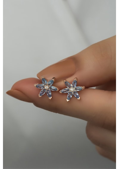Nereze 925 Ayar Gümüş Aquamarin Taşlı Lotus Çiçeği Küpe