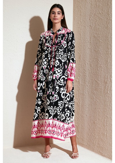 Lela Modest Desenli Regular Fit Bağlamalı V Yaka Maxi Bayan Elbise 611El510 Siyah