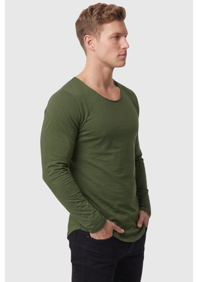 Rizzup Erkek Haki %95 Pamuk Slim Fit Kesik Açık Yaka Likralı Penye Sweatshirt Oval Kesim 2602299