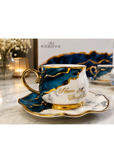 Premium Porselen 6 Kişilik Türk Kahvesi Fincan Takımı Mavi Mermer Desenli Gold Detaylı Şık Hediye Seti Çok Renkli