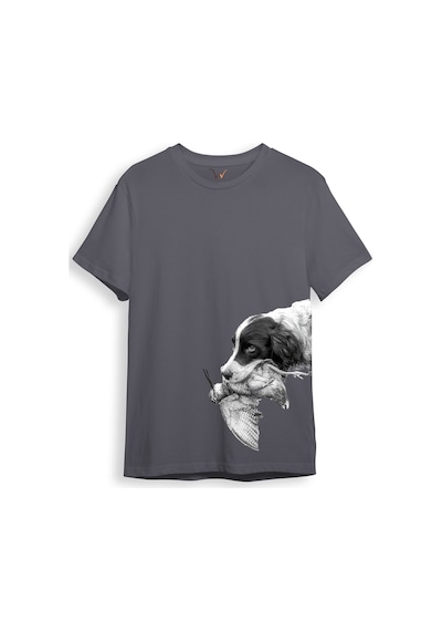 Hunter Avcılık Baskılı Av Köpeği Yan Detay Bakılı Regular Fit Gri T-shirt Antrasit