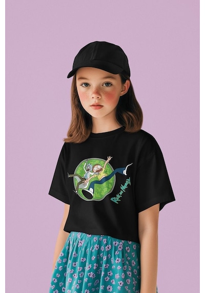 Sevbano Rick And Morty Baskılı Unisex Çizgi Film Çocuk Tişört 1-12 Yaş SIYAH