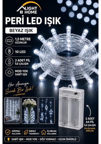 Kablolu Led Işık Zinciri Beyaz Dekoratif Led Aydınlatma Oda Duvar Yatak Odası Parti Yılbaşı Süsü 1,5 Metre 10 Led