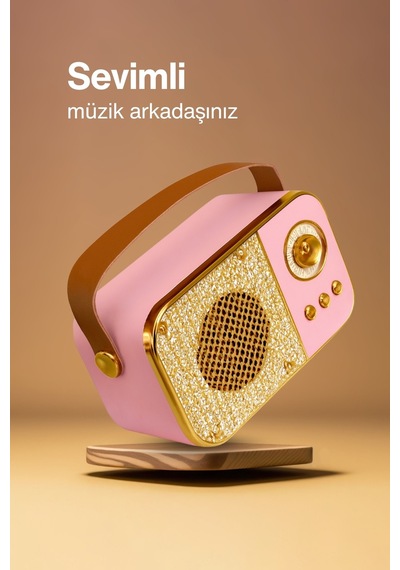 Nostaljik Bluetooth Hoparlör Bluetooth 5.2 Usb & Tf Kart Destekli Led Taşınabilir Speaker Pembe